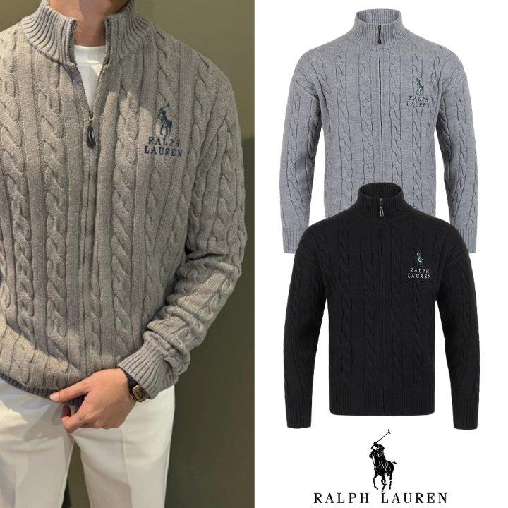 폴로 랄프로렌 빅포니 레터링 꽈배기 울 니트집업 (2color)